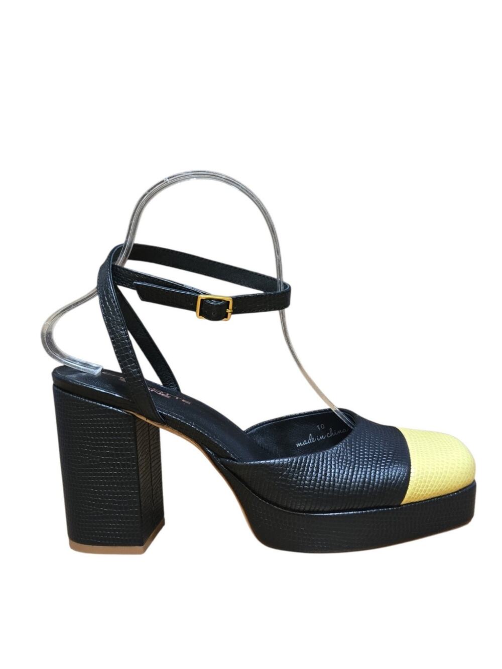 Charlotte Stone Petra Black Yellow Pebbled Leather‎ Snakeskin Heel Platform Pump